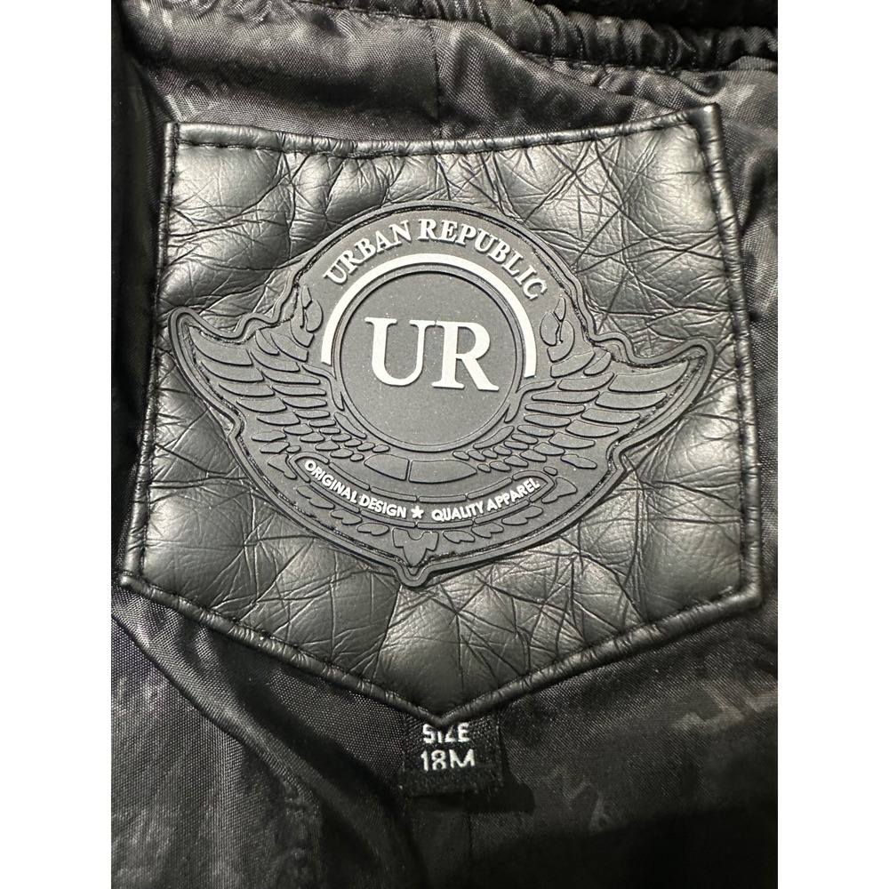 Urban Republic Toddler Boys Faux Leather Hooded Bomber Jacket Black Gray 18M - Picture 5 of 6
